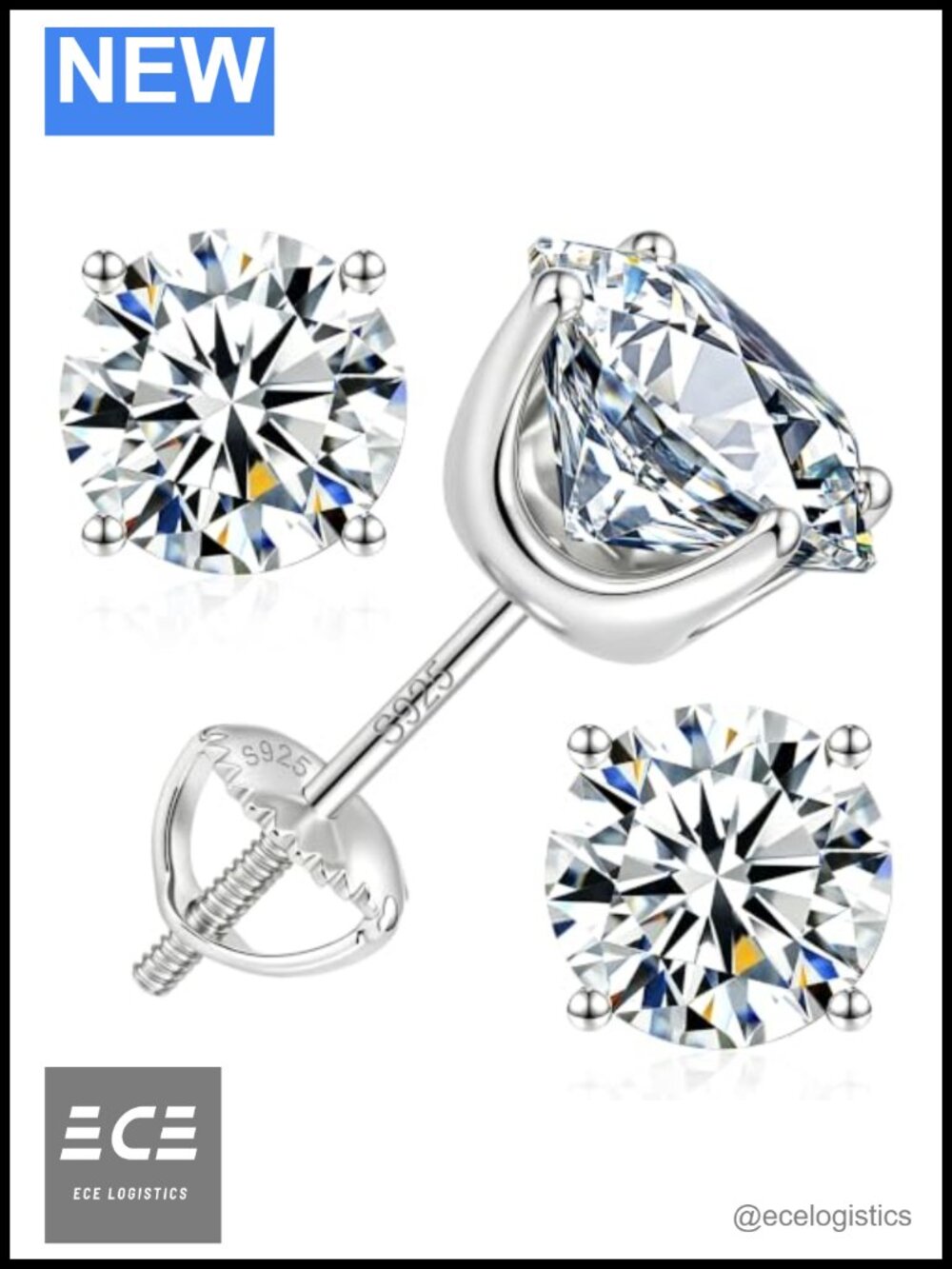 Moissanite Stud Earrings S925 Sterling Silver 18K White Gold Plated Screw Back